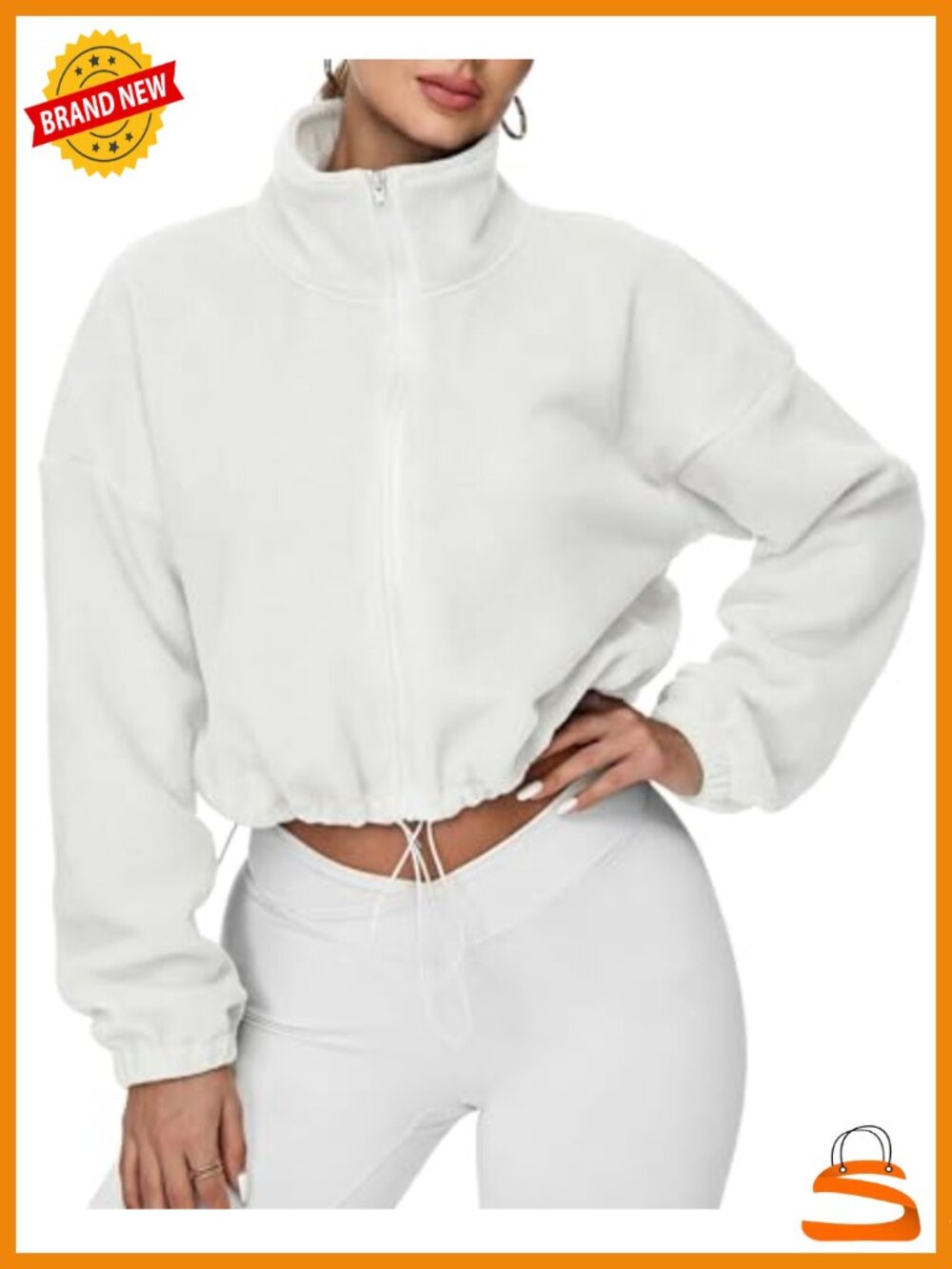 Women Full Zip Cropped Fleece Jacket Sherpa Fuzzy Coat Stand Collar